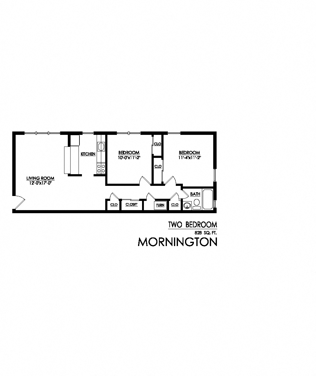 Floor plan for 2 beds, 1 bath, 828 sqft
